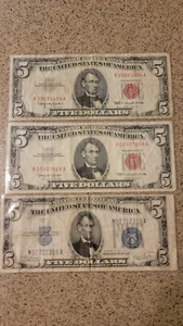 Lot Of 3 5$ US Notes Red Seal Blue Seal 888 1934 1963 - Picture 1 of 2