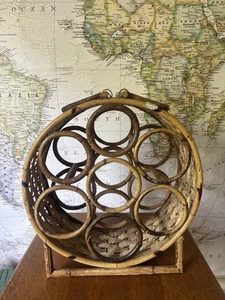 Vintage 70er Jahre Korbgeflecht gebogen Bambus/Rattan Weinregal Halter für 7 Flaschen rund - Bild 1 von 6