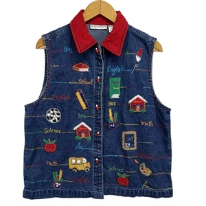 Vintage 90er Dressbarn XL Jeansweste Stickerei Schule Lehrer Buntstift Buch Bus - Bild 1 von 8