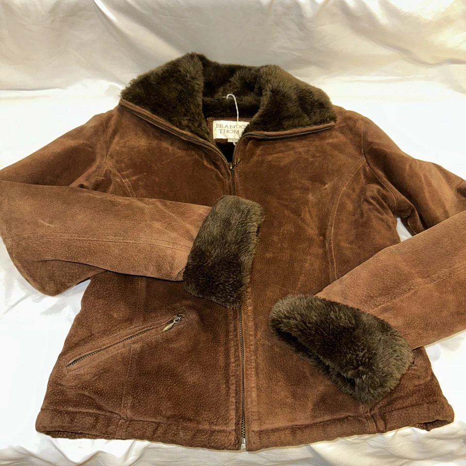 Chaqueta de mujer Brandon Thomas de cuero marrón manga larga talla pequeña Foto 1 de 4