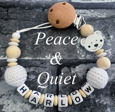 PEACE & QUIET Personalisierter Schnullerclip💛Holz⭐️Schnullerkette💛Teddy⭐️Mädchen💛Junge ⭐️natur Chunky