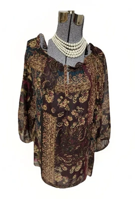 Blusa Chaps by Ralph Lauren Top Talla XL Transparente Cuello Llave Ligera Boho Foto 1 de 4