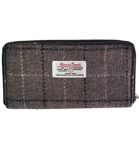 Vintage Wool Tweed Leather Purse Womens 20x11cm Grey Windowpane Check Zip Around - Bild 1 von 7