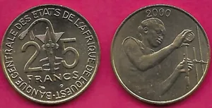 WEST AFRICAN STATES 25 FRANCS 2000 UNC TAKU-ASHANTI GOLD WEIGHT DIVIDES VALUE,FI - Picture 1 of 1