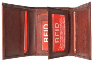 Burgundy RFID Blocking Mens Leather Trifold Wallet ID Card Center Flap - Picture 1 of 9