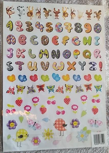 384 Sticker Sammlung auf 4 DIN A4 Bögen Zahlen Tiere Buchstagen Früchte uvm. - Bild 1 von 2