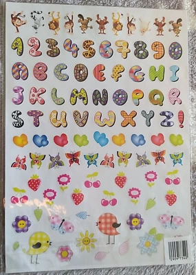 384 Sticker Sammlung auf 4 DIN A4 Bögen Zahlen Tiere Buchstagen Früchte uvm. - Bild 1 von 2
