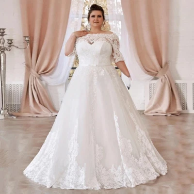 大码婚礼礼服半袖船领贴花扫地火车新娘礼服 — 第 1/4 张图片