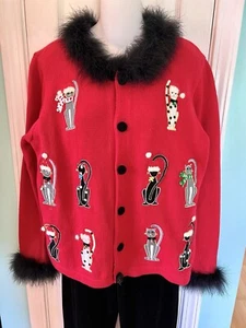 Cardigan vintage Berek rosso maglione gatti bordo piuma colletto taglia small Natale - Foto 1 di 13