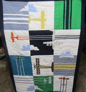 POTTERY BARN KIDS AIRPLANE Patchwork Quilt Blanket 50X36