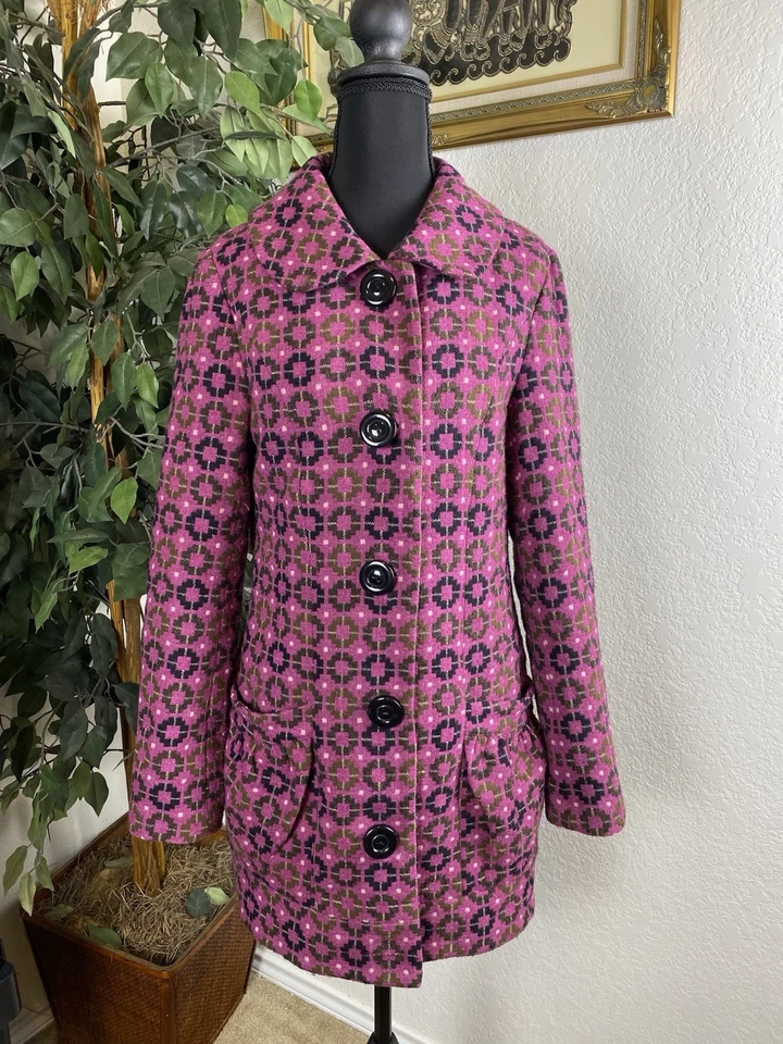 Abrigo Kensie Niña Mujer L Rosa Oliva Geométrico Botón Chaqueta Retro Mod Estilo Foto 1 de 4