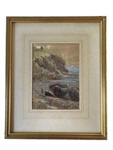 Antique 19th Century Watercolour Coastal Scene Fishing Boats - Signed - Framed - Picture 1 of 23