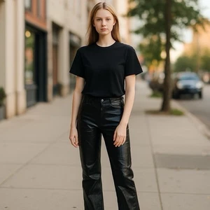 Gap Hose Damen 6 schwarz Leder Bootcut Bein Biker Punk Rocker Retro Vintage Y2K - Bild 1 von 9