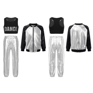 Kids Girls Crop Top With Trousers Exercise Sweatsuit 3 Pcs Tracksuit Shiny Team - Picture 1 of 73