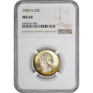 MS64 1952-S Washington Quarter NGC Beautifully Toned *2898 - Picture 1 of 5