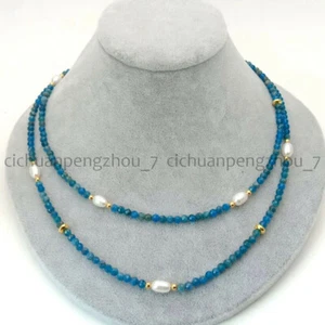 2 Rows 3mm Faceted Natural Blue Apatite 6-7mm White Rice Pearl Necklace 17-18'' - Picture 1 of 4