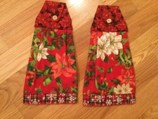 Hanging Kitchen towels, 100% plyester, red with poinsettias, trim at the bottom,