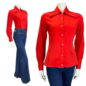 VTG 60S 70S RETRO BRIGHT RED MOD WING DAGGER COLLAR BISHOP SLEEVE SHIRT 12 - Picture 1 of 10