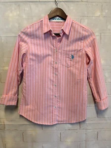Blusa polo para mujer US S rosa naranja a rayas cuello lengüeta enrollable manga larga - Imagen 1 de 10
