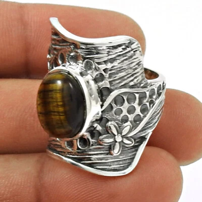 Anillo de piedras preciosas ojo de tigre joyería plata esterlina 925 regalo para mujer talla 8 K54 Foto 1 de 4