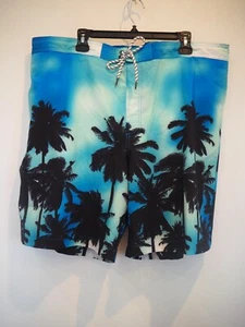 Men's Swim Trunks Black Blue Tropical Palm Tree Board Shorts Mesh Liner 2XL NWT - Picture 1 of 11
