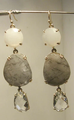 GOLDTONE DROP DANGLE EARRINGS BLACK RUTILLATED WHITE QUARTZ  STATEMENT 3"  - Image 1 of 4