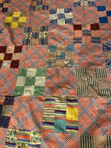 Antique Quilt Top 1920's 9 Patch 72" x 68" Plaids Feedsacks Florals Cottons - Picture 1 of 5