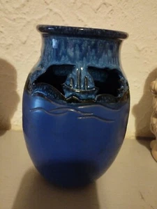 Studio Art Pottery Vase Cobalt Blue 6 & 1/2 Inches. Cut Outs. Signed By Artist - Picture 1 of 11