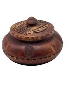 VTG Hand-Carved Round Wooden Turned Trinket Box With Lid Carved Leaves Unique - Picture 1 of 13