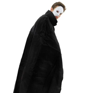 PHANTOM OF THE OPERA COSTUME LONG BLACK CAPE WHITE HALF FACE MASK FANCY DRESS - Picture 1 of 1