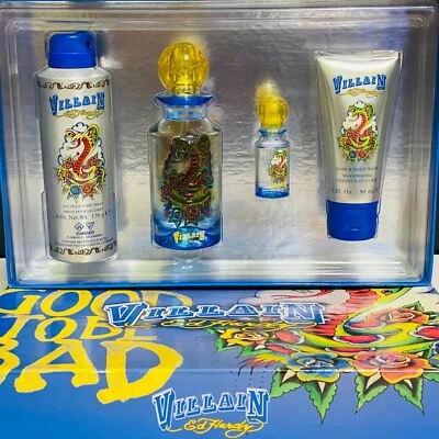 Juego de 4 piezas Villain by Ed Hardy 4,2 oz EDT + 7,5 ml MINI + 3 oz B/Lavado + 6 oz B/Spray Foto 1 de 3