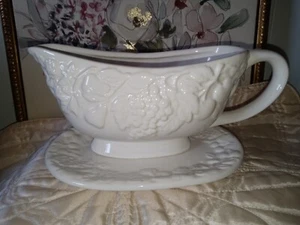 Vtg. WCL Pottery GLOSSY WHITE GRAVY BOAT & DISH w EMBOSSED FRUIT design - Picture 1 of 6