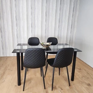 Dining Table Set Of 4 Black Clear Table And 4 Faux Leather Padded Black Chairs - Picture 1 of 18