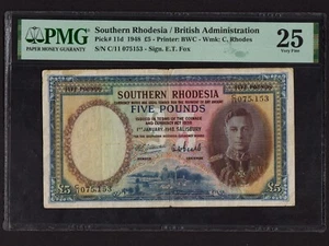 Rhodesia meridionale: P-11d, 5 sterline, 1948 * Re Giorgio VI * PMG VF 25 * - Foto 1 di 2