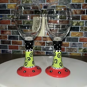 Signed Art Pottery Stem Wine Glasses Hand Painted Boho Unique - Picture 1 of 4