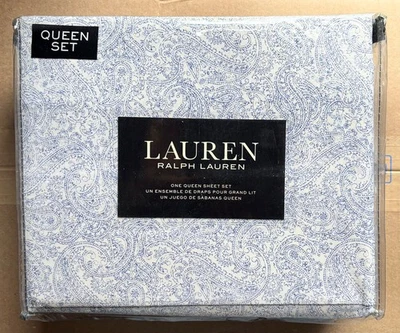 Ralph Lauren Distressed Blue Paisley QUEEN Size Sheet Set   crisp percale cotton - Image 1 of 4