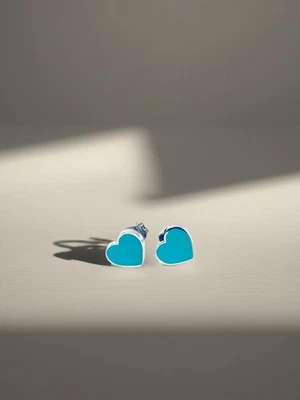 Tiny Silver Turquoise Enamel Heart Stud Earrings | Stainless Steel | For Women  - Image 1 of 4