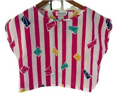 90s Vintage Boxy Crop Top Shirt Abstract Geometric Print Julie Girl USA Summer S - Image 1 of 4