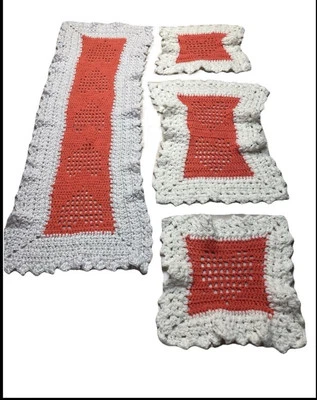 Crochet Knit Table Runner Orange White Heart Center Wonky Squares Handmade - Image 1 of 4