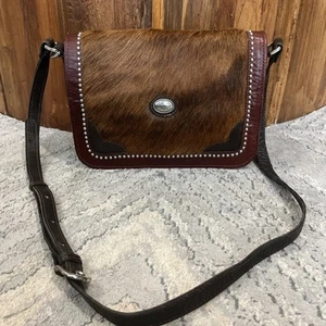 American West Cowhide Leather Calf Hair Crossbody Satchel Purse Hand Made Flaws - Picture 1 of 11