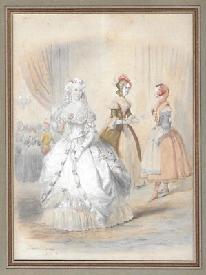 Ange-Louis Janet Bal en pèriode romantique 1840-1850 élève de Ingres aquarelle - Photo 1/4