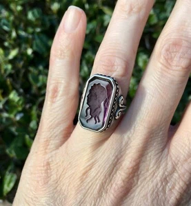Extasia 925 Silver Victorian Revival Faux Amethyst Purple Glass Intaglio Ring 7 - Picture 1 of 12