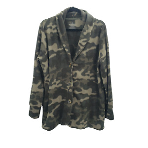 Cuddl duds Fleecewear With Stretch LARGE Green Camouflage Cardigan Jacket Button