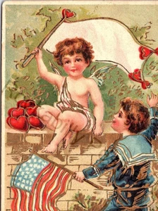 Victorian Valentine Postcard Patriotic Flags Sailor Boy and Cherub Cupid Wall.. - Picture 1 of 3