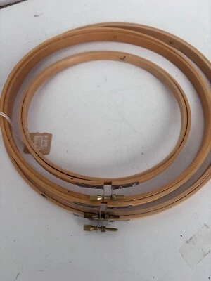 LOT of 3 Vintage Wood Wooden Embroidery Hoops Screw  7". 9". 10". Taiwan - Image 1 of 3