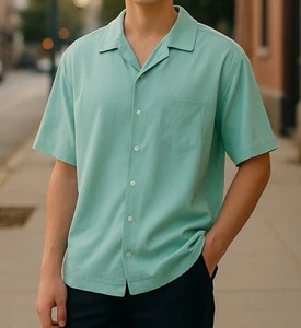 Free Planet XL Men’s Shirt Green Rayon Button Front Lost in Paradise Casual - Picture 1 of 6