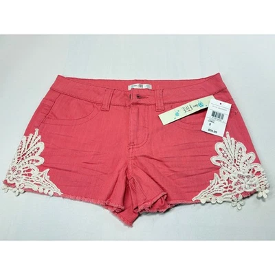 Love Fire Coral Pink Denim Shorts Size 5 Lace Trim NWT - Image 1 of 4