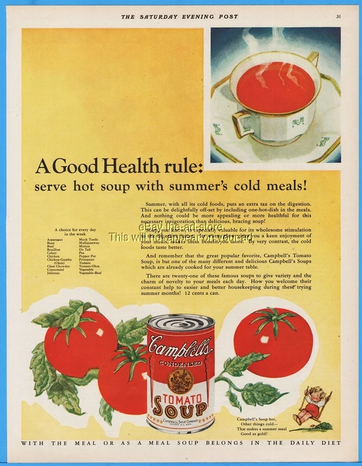 1929 Campbell Tomato Soup A Good Health Rule Vintage Home Kitchen Wall Décor Ad - Image 1 of 1