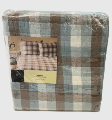Park Smith 100% Cotton Coverlet  Sarasota 90" x 90" Full Queen Blue Brown Plaid - Image 1 of 4