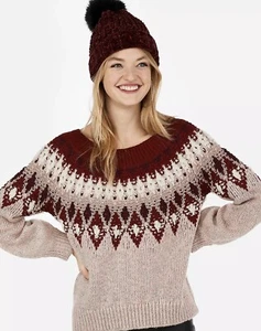 NWT EXPRESS Womens Furry Pullover Metallic Aztec Sweater Pink Wool Mix Small - Picture 1 of 4
